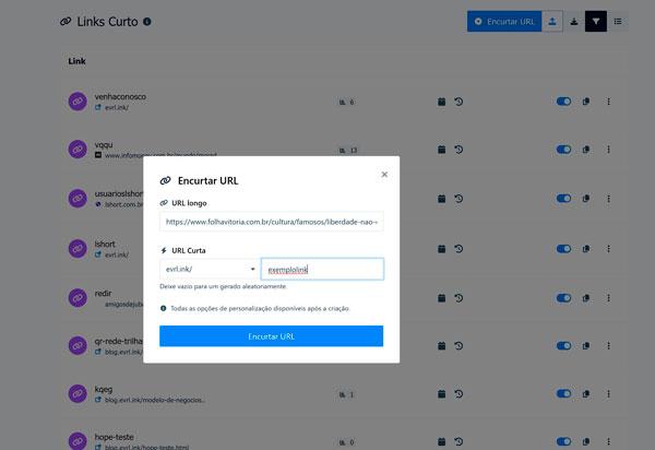 Captura de tela da página de edição de URL curta do aplicativo